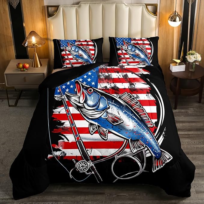 Feelyou Bass Fish Bedding Set Full Size Farmhouse Fishing American Flag Comforter Set for Kids Boys Girls Teens Fishing Lover Room Wild Pike Fish Decor Comforter Red Blue Stripe Quilted Set 3Pcs