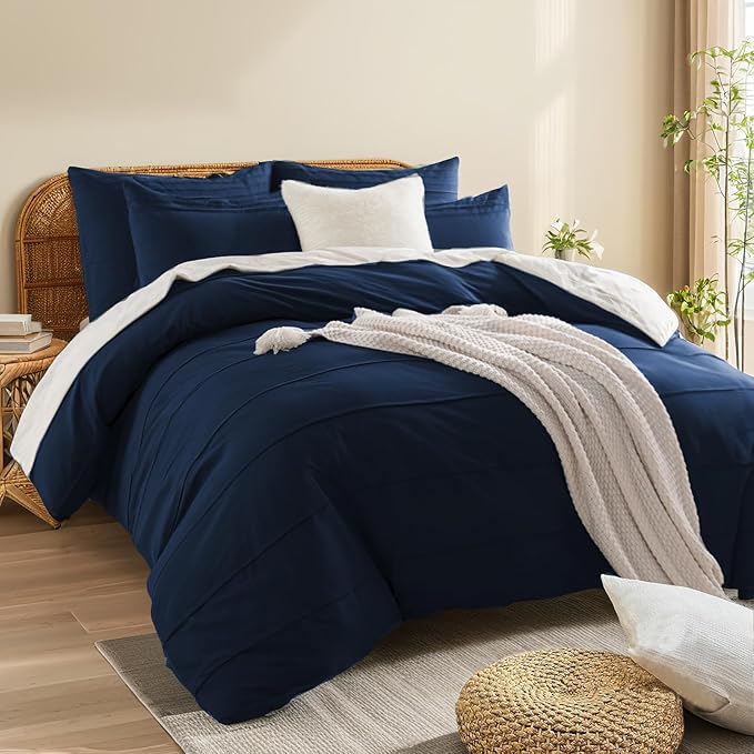 NEXHOME PRO 100% Organic Cotton Duvet Cover Full Size, Linen Like Pleated Textured Navy Duvet Cover Set, 3pc Bedding Set with Zipper Closure, Soft, Lightweight and Breathable (80"x90", No Comforter)