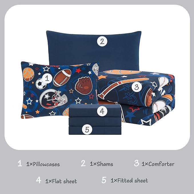 Twin Kids Comforter Set - 5 Pieces Twin Bedding Sets for Boys Teen, Glow in The Dark Sports Ball Games Bed in A Bag with Sheets