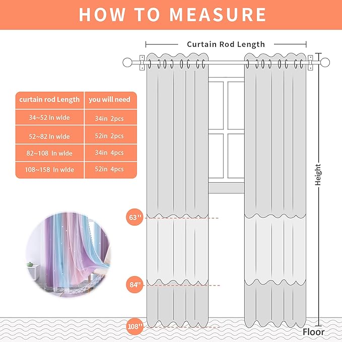 XiDi Girls Curtains for Bedroom 2 Panel Set, Thermal Insulated Window Ombre Panels, Rainbow Pink Drapes for Kids Room Unicorn Wall Decals, Black Out Curtains 45 Inch Long Pink/Purple/Blue 52x45
