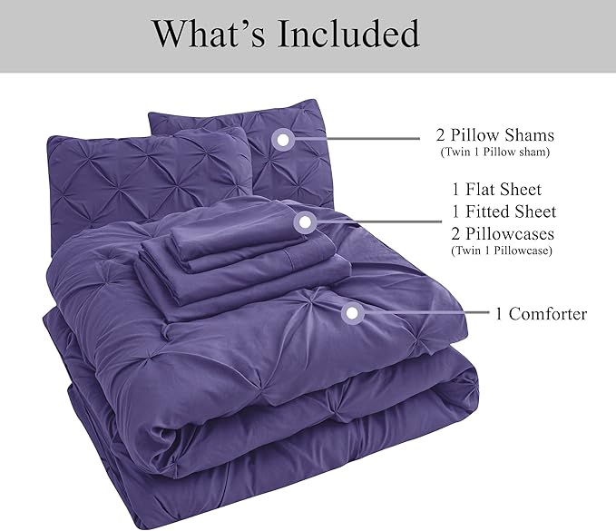 LANE LINEN Full Size Comforter Set - 7 Piece Bed in a Bag Hotel-Style Pintuck Stitch - All Season Bedding Set with Comforter, Flat Sheet, Fitted Sheet, Pillowcases & Shams - Soft Cozy Bed Set - Purple | Cozy microfiber, Easy maintenance, Easy maintenan...