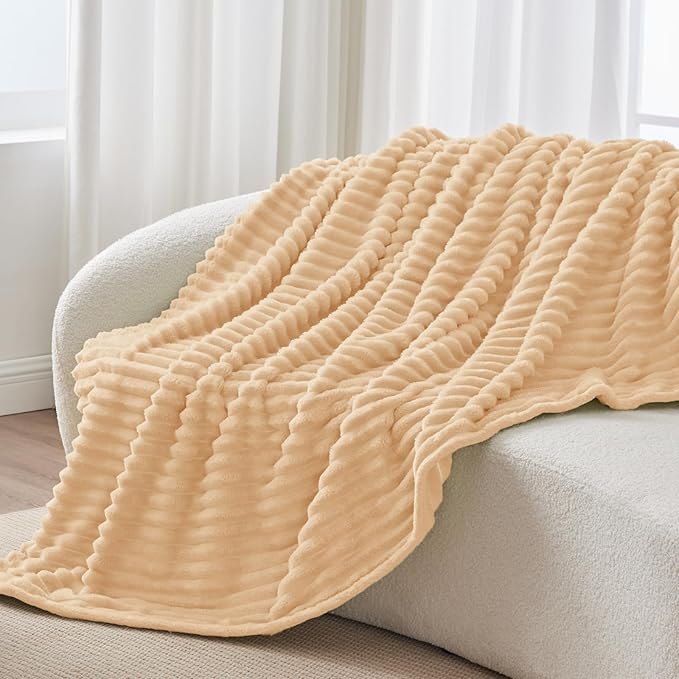 BEDELITE Fleece Throw Blanket for Couch - 300GSM Soft & Warm Fluffy Blush Sand Blanket, Decorative and Giftable Striped Blankets for Women, Men, 50"x60"