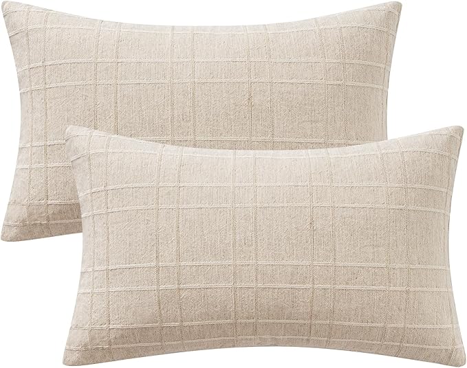 MIULEE Decorative Linen Check Lumar Throw Pillow Covers Neutral Farmhouse Vintage Pillow Covers 12x20 Set of 2 Boho Modern Home Decor for Sofa Couch Bedroom Cushion Natural Beige