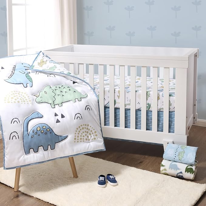 The Peanutshell 5 Piece Baby Crib Bedding Set for Boys - Newborn, Infant & Toddler Nursery Bed Set Decor with Fitted Crib Sheets, Blanket, Dust Ruffle Comforter - Blue Dino