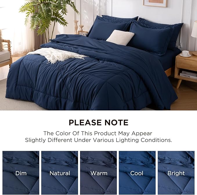 7 Pieces Queen Comforter Set - Utral Soft Microfiber Bedding Set, Thick Duvet Insert Bed in a Bag Without Rustling Noise for All Season, Navy (88"x88")