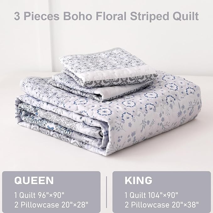 WONGS BEDDING Boho Quilt Set King, Bohemian Grayish Blue Striped Patchwork Bedspread Coverlet Set with 2 Pillowcases,Lightweight Microfiber Floral Bedding Set 104"×90"