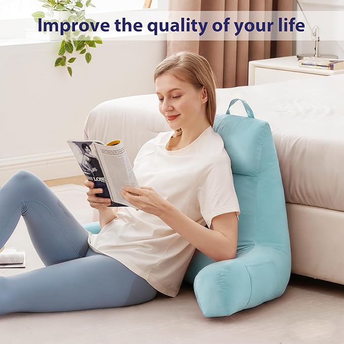 Back Pillow for Bed Sitting up, Reading Pillow for Sitting in Bed Adult, Back Support Pillow, Memory Foam Sit up Lounge Backrest Pillow with Arms for TV, Couch, Chair, Dorm, 24 Inch, Lake Blue