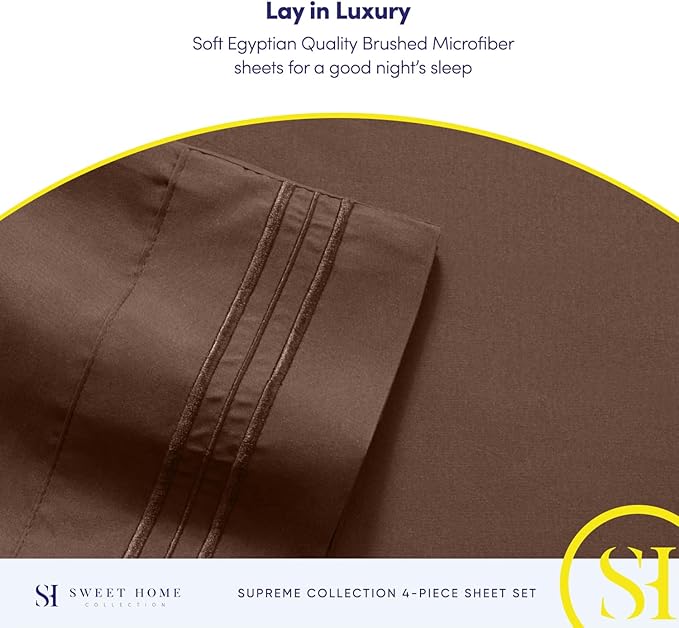 RV Queen Bed Sheets - Breathable Luxury Sheets with Full Elastic & Secure Corner Straps Built In - 1800 Supreme Collection Extra Soft Deep Pocket Bedding Set, Sheet Set, RV Short Queen, Brown