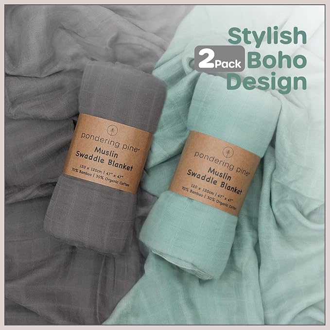 Organic Baby Muslin Swaddle Blankets - Solid Grey and Blue Swaddle Blanket 2 Pack - Soft Organic Cotton and Natural Bamboo Muslin, XLarge and Breathable, 47" X 47"