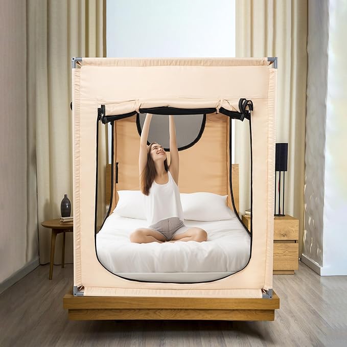 Twin Bed Canopy Portable Blackout Bed Tent Privacy Tent for Adult Indoor Sleeping with 3 Doors, Storage Bag, Khaki