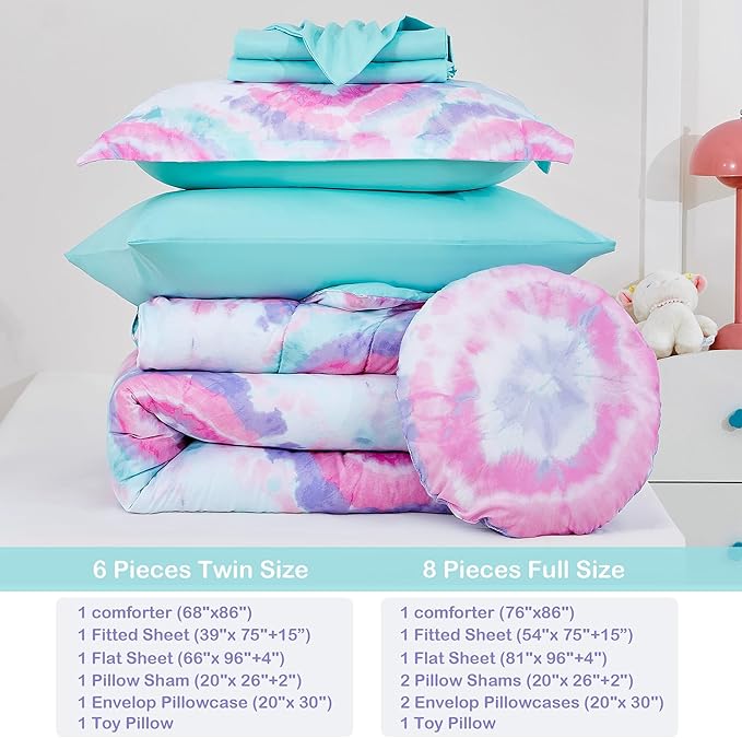 Mooreeke Tie Dye Kids Comforter Bed Set Full Size for Girls, 8 Pieces Bed in a Bag with Shams, Sheet Set, A Toy Pillow Dark Pink Round Flower Full Soft Microfiber Kids Comforter Bedding Set