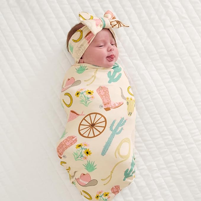 Little Sleepies Swaddle & Headband Bow Set, Viscose from Bamboo Baby Swaddles, Newborn Baby Girl Clothes (Pink Ready to Rodeo)