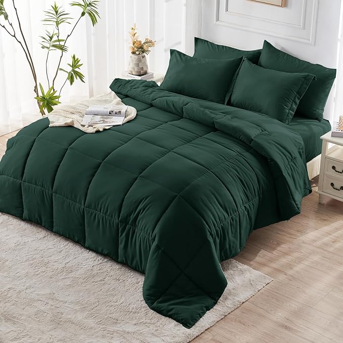 JOLLYVOGUE King Comforter Set, Ultra-Soft Bed in a Bag King Size 7 Pieces, Oeko-TEX Certified Bedding Set with Down Alternative Comforter, Sheets, Pillowcases & Shams, Emerald Green