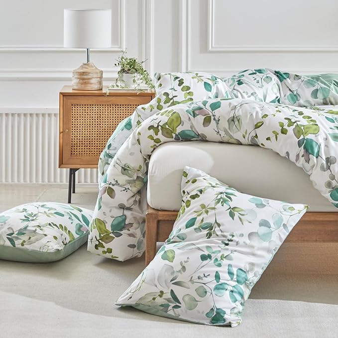 Lekesky Duvet Cover King Size, Reversible Botanical Floral Duvet Cover Set with Zipper Closure, 3 Pieces Soft Microfiber Green Bedding Set (1Duvet Cover 104"x90", 2 Pillowcases 20"x36")