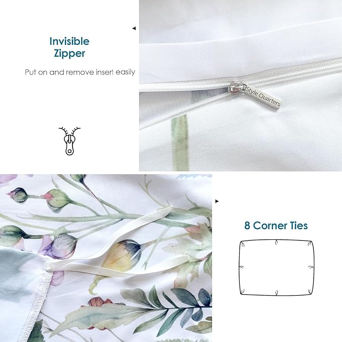 Style Quarters Duvet Cover Queen-100% Washed Microfiber Duvet Cover Set with Zipper Corner Ties 3PCS Meadow-Floral Bedding Set Includes 1 Duvet Cover and 2 Pillowcases Soft Queen Comforter Cover