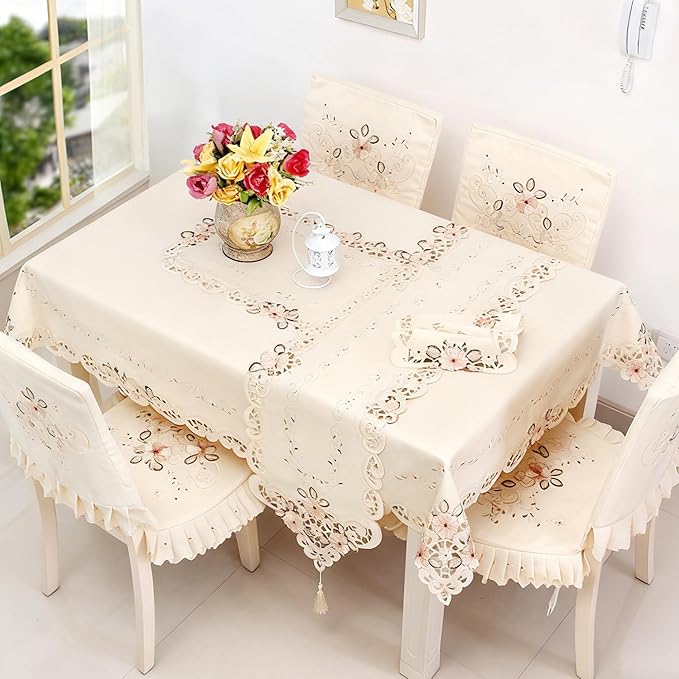 LeLehome 15 X 96 Inch Flowers Embroidered Table Runner, Floral Lace Fabric Table Top for Party Fall Seasonal Autumn Thanksgiving Harvest Home Decoration - Beige Flower