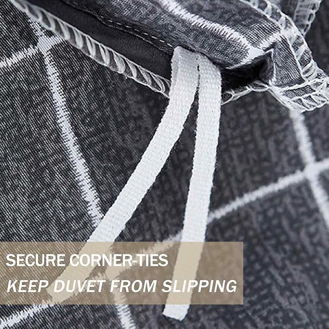 Nanko Black Full Size Duvet Cover Set, Dark Plaid Grid Geometric 3 Pieces 80x90 Luxury Microfiber Quilt Bedding Cover with Zipper Closure, Ties - Organic Modern Style Bed Sets for Men and Women Teen