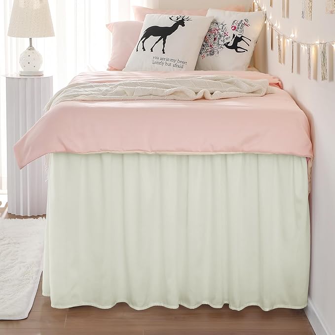RIMELA Dorm Bed Skirt Twin XL 32 Inch Drop, Easy to Install Extra Long Wrap Around Elastic Dust Ruffle, Cream Bedskirt Solid Silky Fabric Machine Washable (Twin XL 80“L x 39”W & Twin 75“L x 39”W)