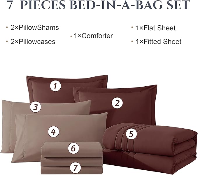 Monbix Full Comforter Set - 7 Pieces Dark Red Bed in a Bag Full Size Bedding Sets with Comforters, All Seasons Comforter with Sheets, Pillowcases & Shams