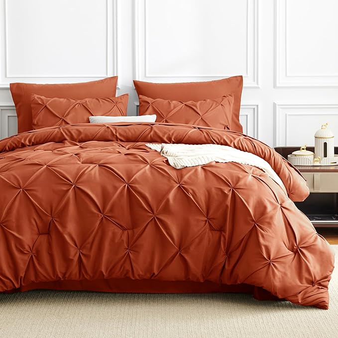 CozyLux King Size Comforter Set Burnt Orange, 7 Pieces Bed in A Bag Terracotta Comforter King Size, Pinch Pleat Bedding Set with All Season Comforter, Sheets, Pillowcases & Shams