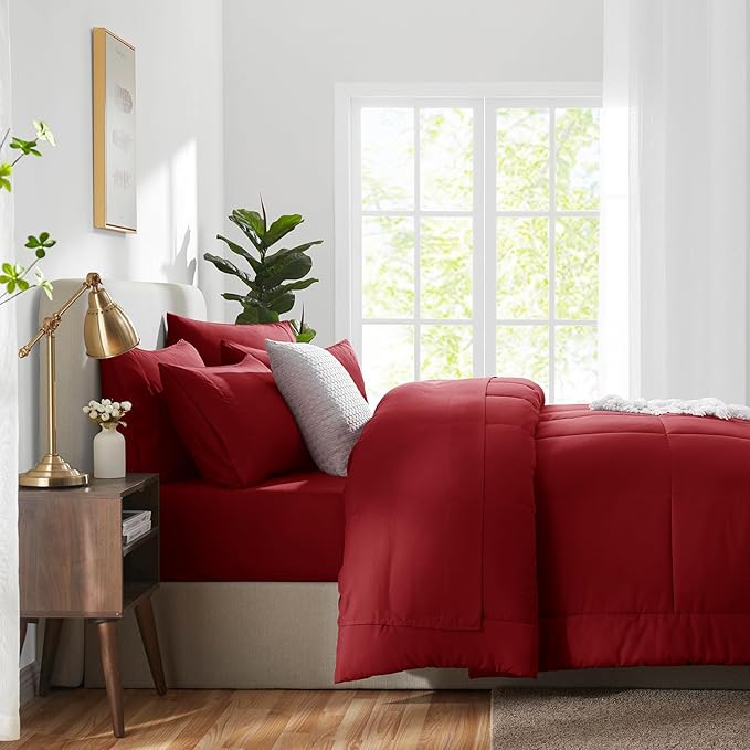 CozyLux Queen Comforter Set Dark Red, 7 Pieces Bed in a Bag, Red Comforter Queen Size, All Season Bedding Sets with Stitch Quilted Comforter, Flat Sheet, Fitted Sheet, Pillowcases