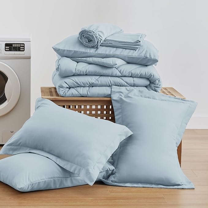 Love's cabin California King Comforter Set Light Blue, 7 Pieces California King Bed in a Bag, All Season Bedding Sets with 1 Comforter, 1 Flat Sheet, 1 Fitted Sheet, 2 Pillowcase and 2 Pillow Sham