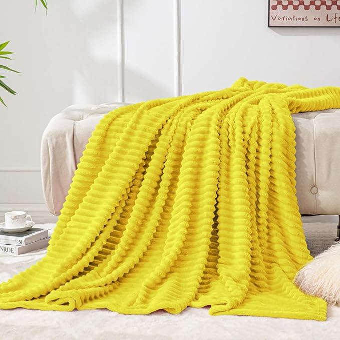 BEDELITE Fleece Blanket Twin Size – 3D Ribbed Jacquard Soft and Warm Decorative Fuzzy Blankets – Cozy, Fluffy, Plush Lightweight Throw Blankets for Couch, Bed, Sofa(Yellow, 60x80 inches)