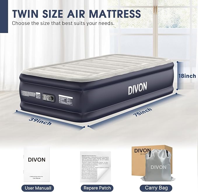 Twin Air Mattress with Built-in Pump,18''Raised Blow Up Mattress 2 Mins Self Inflation/Deflation,Upgraded Thicker Inflatable Mattress,Flocked Top Air Bed with Storage Bag for Guests,Home,Camping
