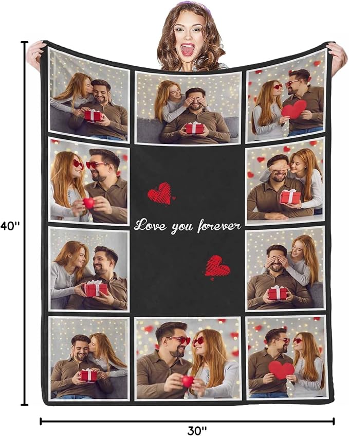 Blanket with Pictures Customized, 10 Photos Personalized Blankets Custom Blanket Personalized Picture Blankets for Couple Birthday Gifts for Wife Husband, 8 Sizes
