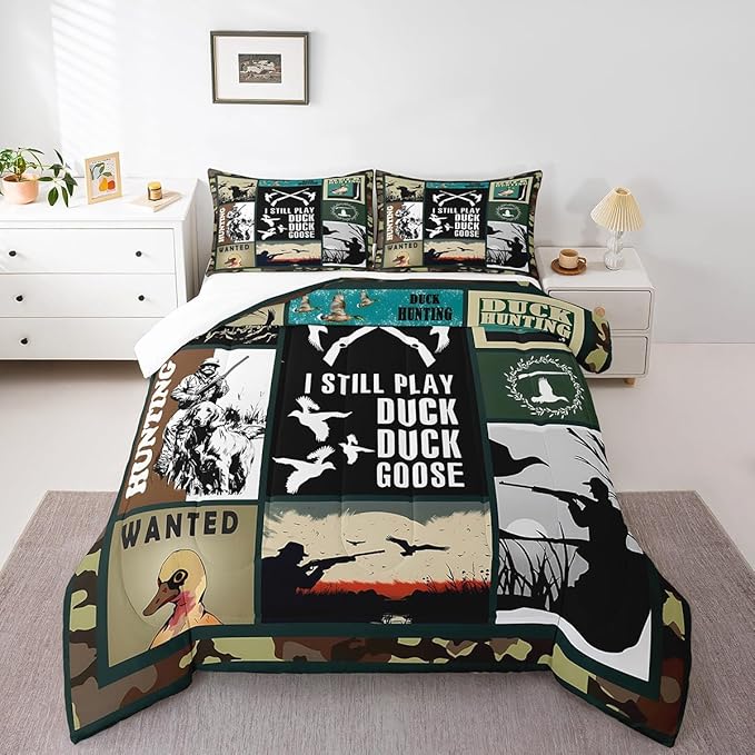 Feelyou Kids Duck Hunting Comforter Set King Size, Green Duck Bedding Set Hunting Fishing Comforter for Kids Boys Girls Wildlife Duvet Insert Room Decor with 2 Pillow Case