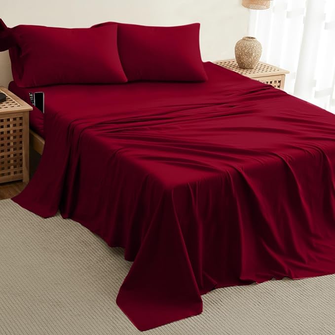 DREAMCARE Twin XL Sheet Sets - 4pc Cooling Sheets XL Twin Sheets - up to 21” Deep Pocket – Hotel Luxury Extra Long Twin XL Bed Sheets 100% Brushed Microfiber with Side Pocket - Burgundy