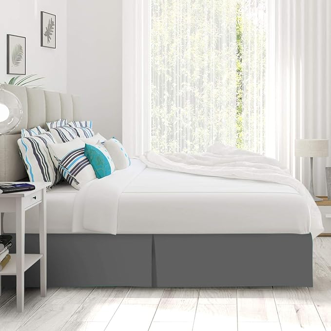 Bed Skirt - 25 Inch Fall Tailored Drop Pleated Dust Ruffle, 100% Egyptian Cotton - Solid Pattern and Color { Olympic Queen , Solid , Dark Grey}
