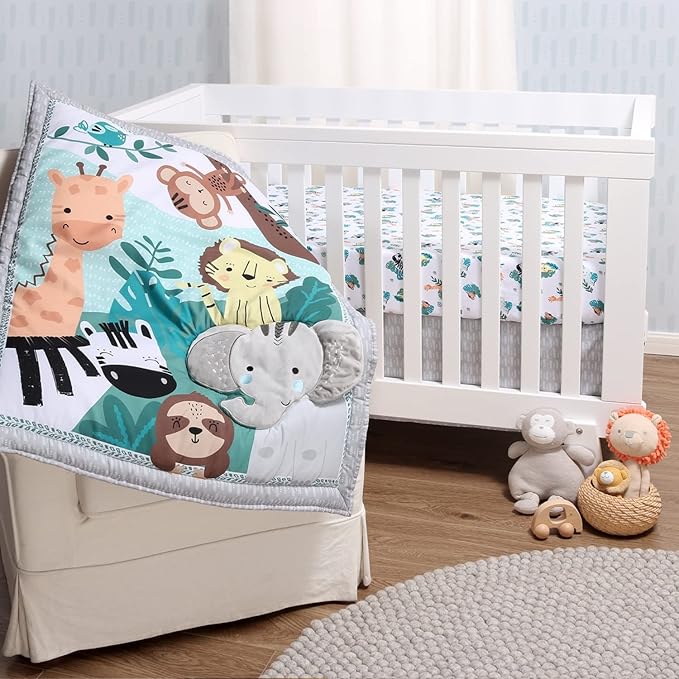 The Peanutshell 3 Piece Baby Crib Bedding Set for Boys & Girls - Newborn, Infant & Toddler Nursery Bed Set Decor with Fitted Crib Sheet, Dust Ruffle, Crib Comforter - Safari Adventures