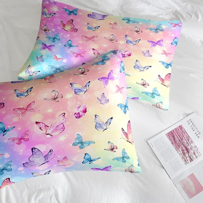 Comforter Set Twin Size, Pink Blue Butterfly 5 Pcs Bedding for Kids and Adults, Purple Colorful Rainbow Bed Sheet Sets with Fitted Sheet Pillowcase & Sham for Bedroom Bed Decor