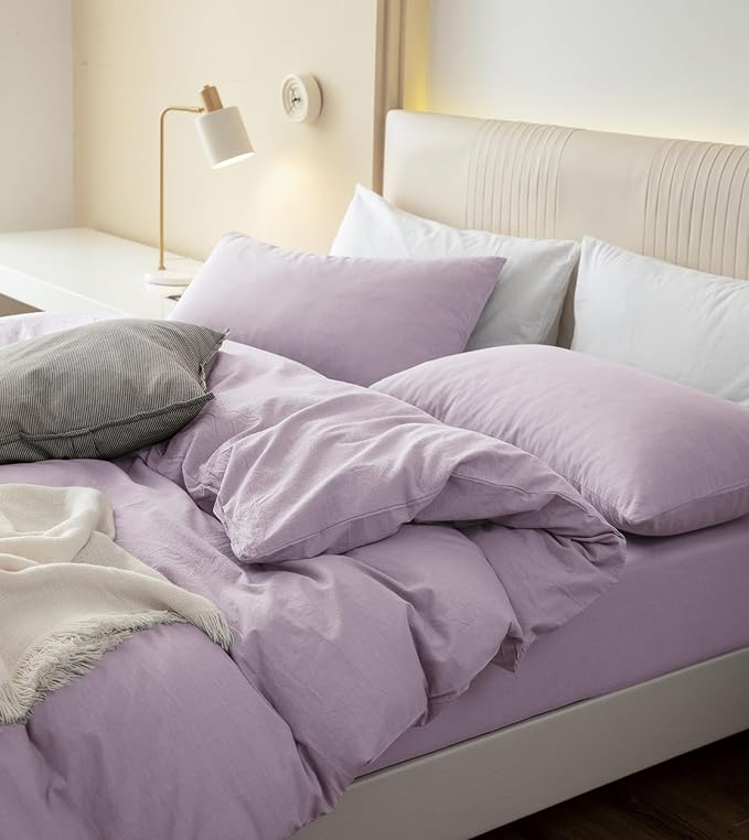 JIYUAN 100% Washed Cotton Duvet Cover Set 3 Pieces Cal King, 1 Duvet Cover 104x98 Inches(Comforter Not Included) and 2 Pillowcases,Linen Like Comfy and Breathable,Heathered Light Purple