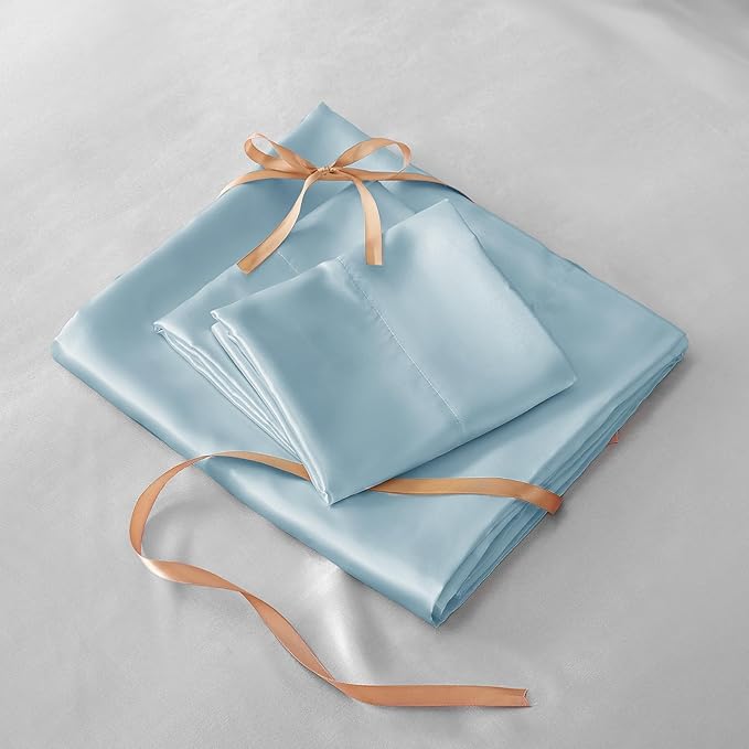 BEDELITE Satin Sheets Full Size Bed Set, Luxury Soft Light Blue Silky Sheet for Hair and Skin, Similar to Silk Bed Sheets Set 4 Pieces with 1 Deep Pocket Fitted Sheet, 1 Flat Sheet, and 2 Pillowcases