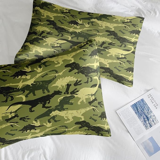 Comforter Set Queen Size, Camouflage Dino Dinosaur 7 Pcs Bedding for Kids and Adults, Cute Funny Green Bed Sheet Sets with Fitted Sheet 2 Pillowcases & 2 Shams for Bedroom Bed Decor