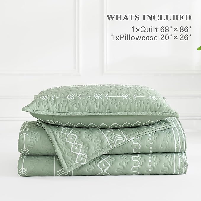 Andency Sage Green Twin Quilt Set, 2 Pieces Boho Lightweight Soft Striped Bedspread for All Season (68"x86"), Printed Bohemian Microfiber Reversible Coverlet Comoforter Sets
