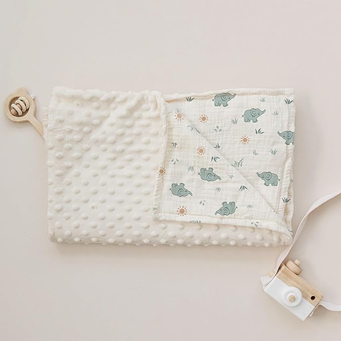 Konssy Baby Blankets for Unisex Boys Girls, Super Soft Nursery Minky Blankets with Muslin Cotton Front and Dotted Fleece Backing, Printed Bed Throws Newborn