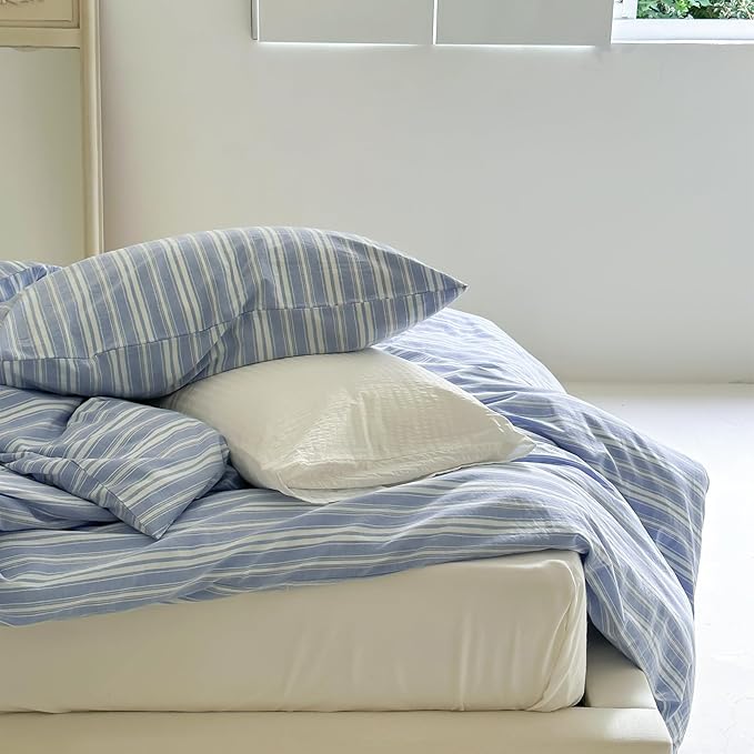 LifeTB Striped Duvet Cover Set Queen, 100% Washed Cotton Blue White Stripes Pattern Printed Comforter Cover, 3 Pieces Farmhouse Striped Bedding Set Breathable Duvet Cover with 2 Pillowcases
