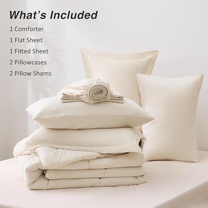 Love's cabin Full Comforter Set Beige, 7 Pieces Full Bed in a Bag, All Season Bedding Sets with 1 Comforter, 1 Flat Sheet, 1 Fitted Sheet, 2 Pillowcase and 2 Pillow Sham