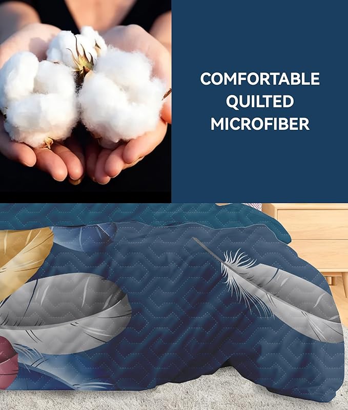 Bed in a Bag with Curtains, 1 Bedspread 2 Pillowcases 2 Print 4 Solid Curtains, Blue Feather Microfiber Comforter Set, Silky Soft for Studio