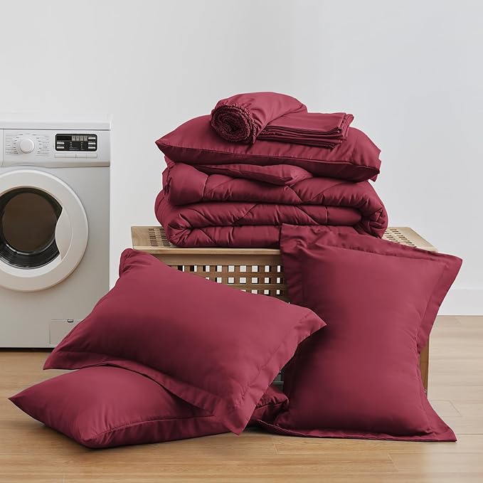 Love's cabin Full Comforter Set Burgundy, 7 Pieces Full Bed in a Bag, All Season Bedding Sets with 1 Comforter, 1 Flat Sheet, 1 Fitted Sheet, 2 Pillowcase and 2 Pillow Sham