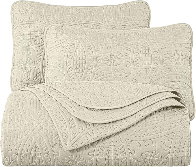 Chezmoi Collection Austin 3-Piece Oversized Bedspread Coverlet Set (Queen, Ivory)