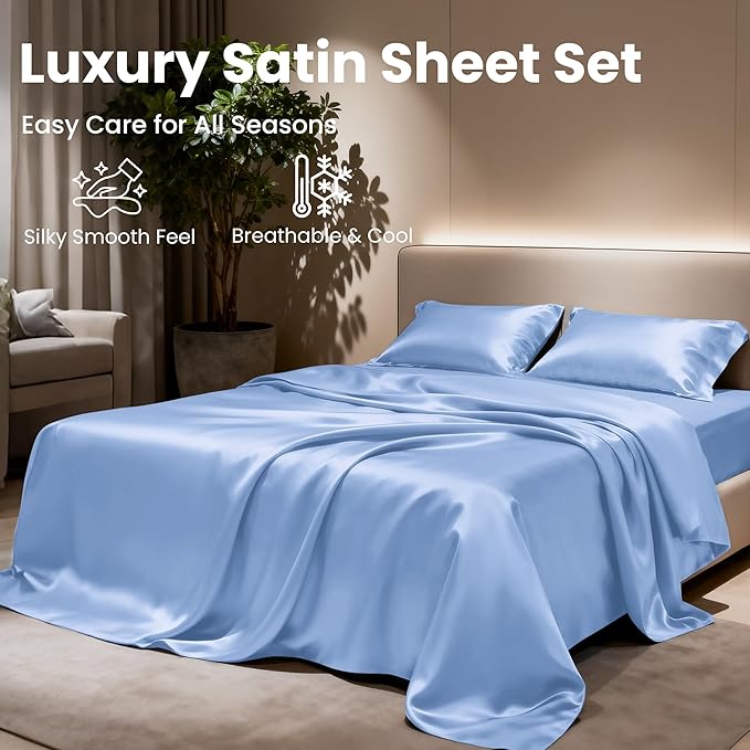 Love's cabin Satin Queen Sheets Set - 4 Piece Sky Blue Silky Bed Sheets with Deep Pocket, Luxury Silk Feel Satin Queen Size Sheet Set (1 Flat Sheet,1 Fitted Sheet,2 Pillow Cases)