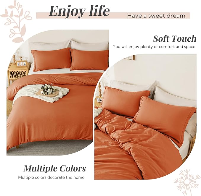 MILDLY Super Soft Duvet Cover - 100% Washed Microfiber Rust Comforter Cover Set 3 Pieces with Zipper Closure & Corner Ties (No Comforter)