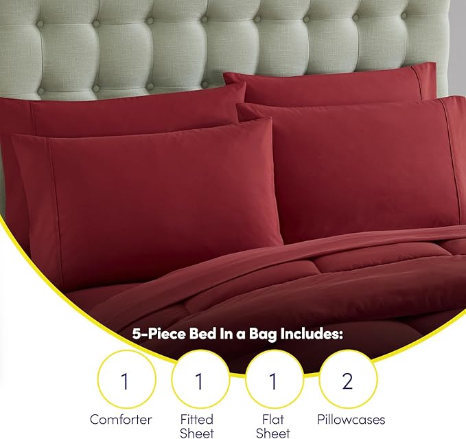 Sweet Home Collection 7 Piece Comforter Set Bag Solid Color All Season Soft Down Alternative Blanket & Luxurious Microfiber Bed Sheets, Red, Twin XL