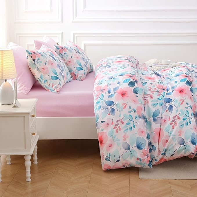 MUXHOMO Pink Blue Branch Bed in a Bag Queen 7 Pieces, Queen Comforter Set Reversible Botanical Flowers Design, Ultra Soft & Breathable Bedding Sets with Comforter, Sheets, Pillowcases & Shams