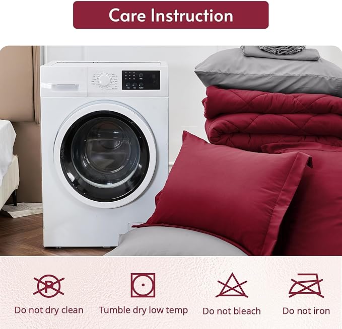 MUXHOMO 7 Pieces Full Comforter Set, Reversible Bed in a Bag Full Size, All Season Bedding Set with Comforter, Flat Sheet, Fitted Sheet, Pillowcases & Shams, Burgundy & Grey