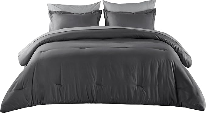 Bedsure Twin Comforter Set - 5 Pieces Dark Grey Twin Bedding Set for All Seasons, Boho Contrasting Design Bed in a Bag with Comforter, Sheets, Pillowcase & Sham